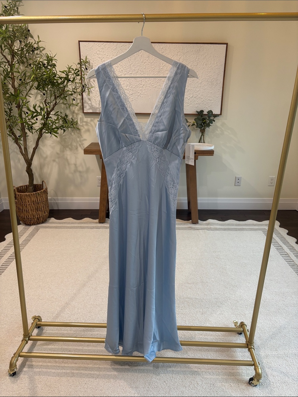Elegant Sky Blue Lace-Trim Satin Dress